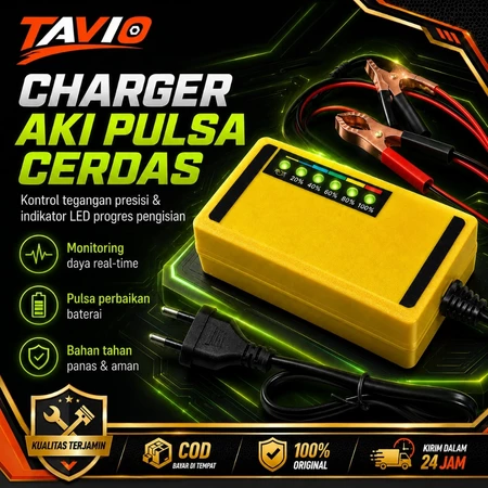 TAVIO Charger Aki Mobil Motor 12V 2A - Power Puls Repair Untuk Battery Basah & Kering - Input 220V Fitur LED Display - Untuk Aki Mobil, Truk, Motor, UPS