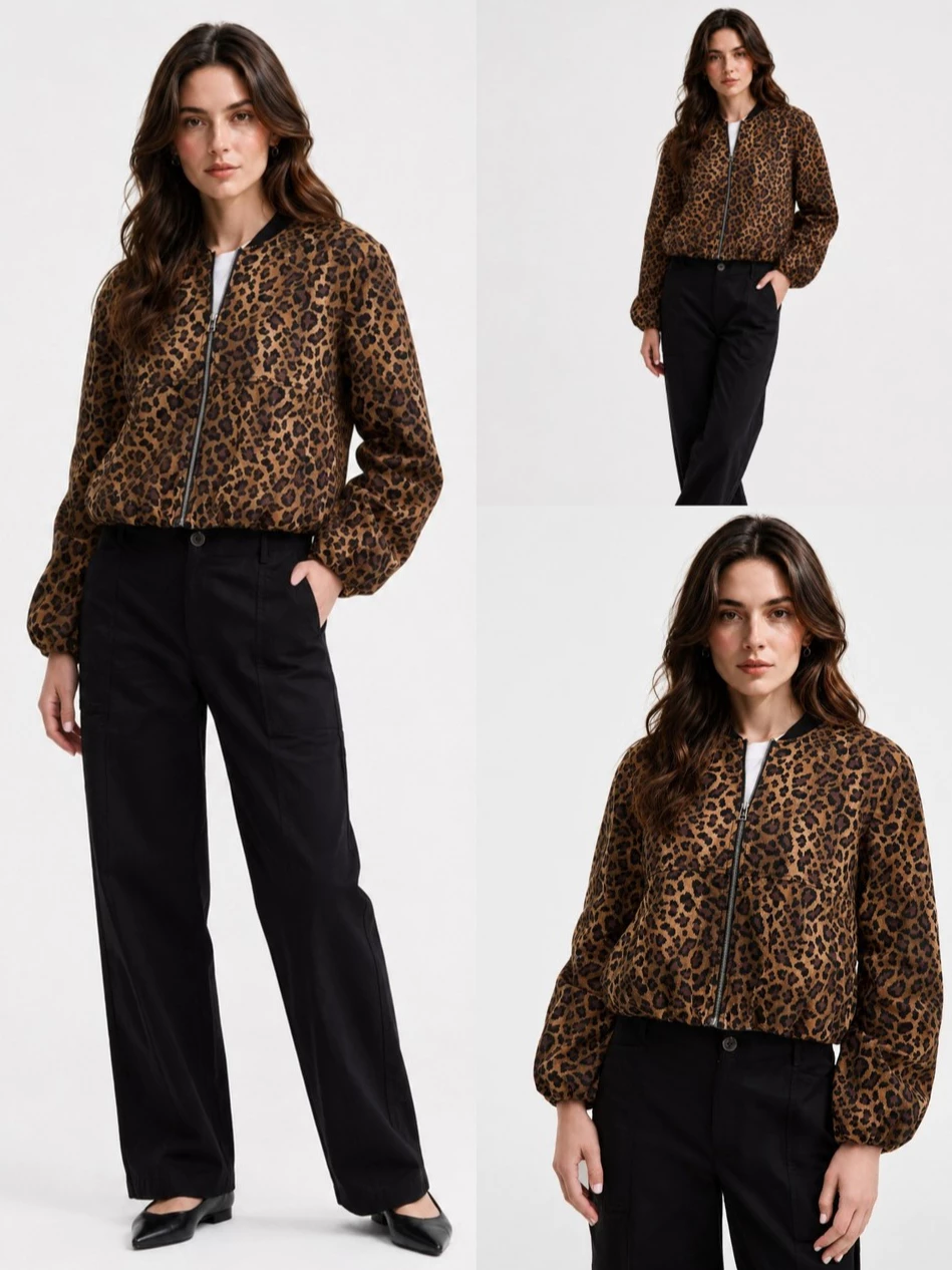 Jaket Bomber Wanita ONT Women's Leopard Print Bubble-Hem Bomber Jacket - 3076