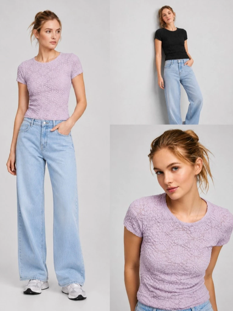 Kaos Lengan Pendek Wanita OLN Lace Floral Women's T-Shirt - 2996