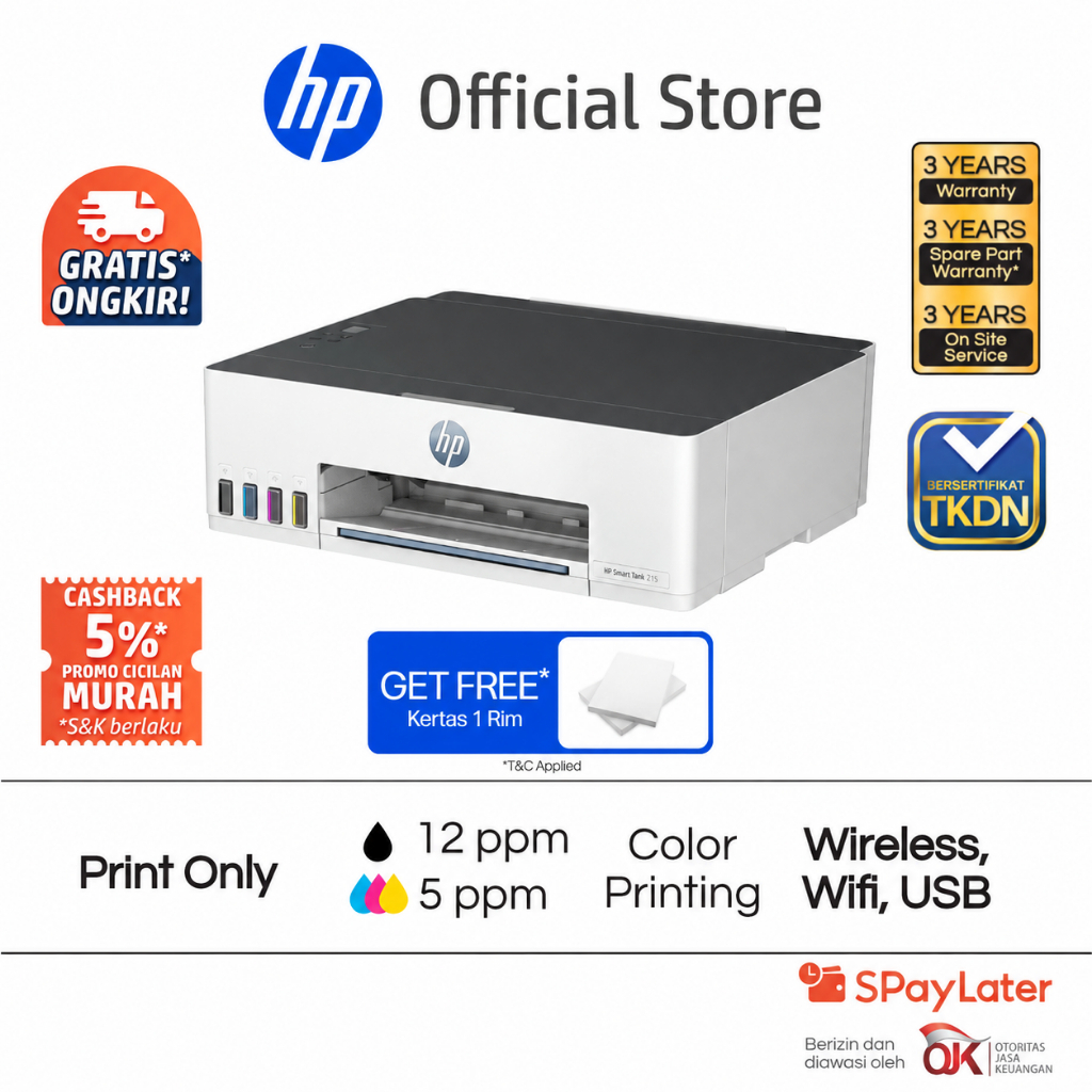 SERTIFIKASI TKDN - Printer HP Smart Ink Tank 215 Print Only Wireless Wifi USB Color Colour Warna Garansi Resmi Promo Murah Gratis Ongkir Official