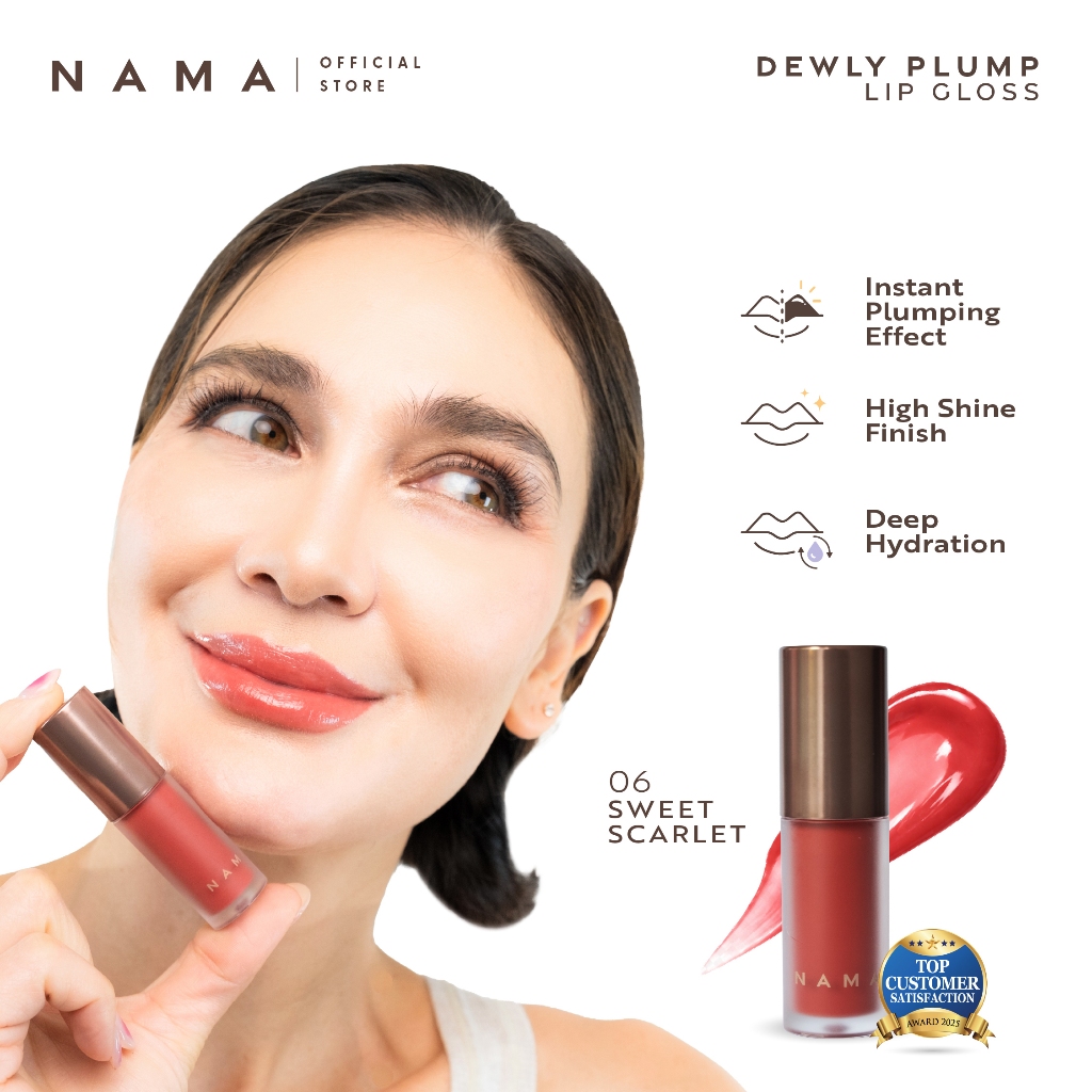 NAMA Beauty Dewly Plump Lip Gloss 06 Sweet Scarlet - Pelembab Bibir Kering Lip Gloss Hydrating Lip Serum Moist Plumping Shiny Finish