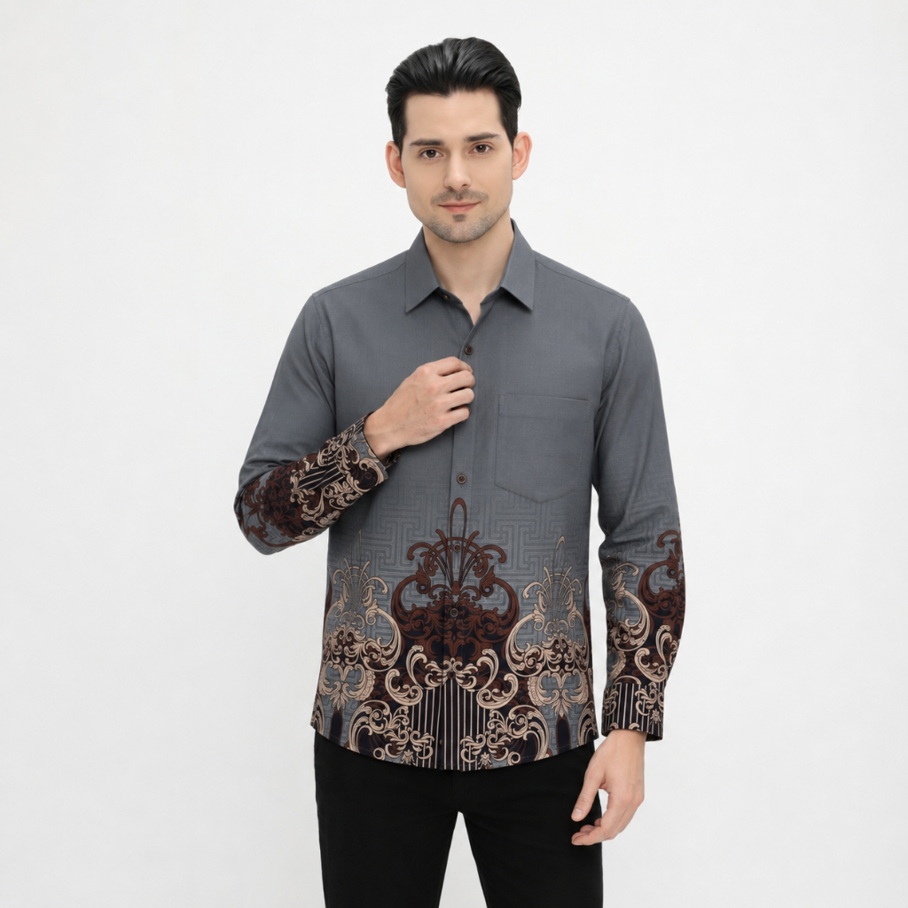 LUIGI RICCIO Kemeja Batik Pria Modern Regular Grey Series Sampai 7XL Casual Kerja Kantor Seragaman Couple Sampai 5XL New Arrival