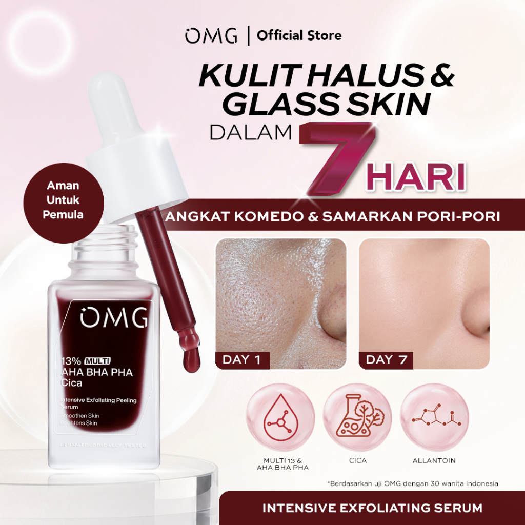 OMG Oh My Glow 13% Multi AHA BHA PHA CICA Intensive Exfoliating Peeling Serum - Menghaluskan Kulit, Menyamarkan Pori Pori, Glass Skin