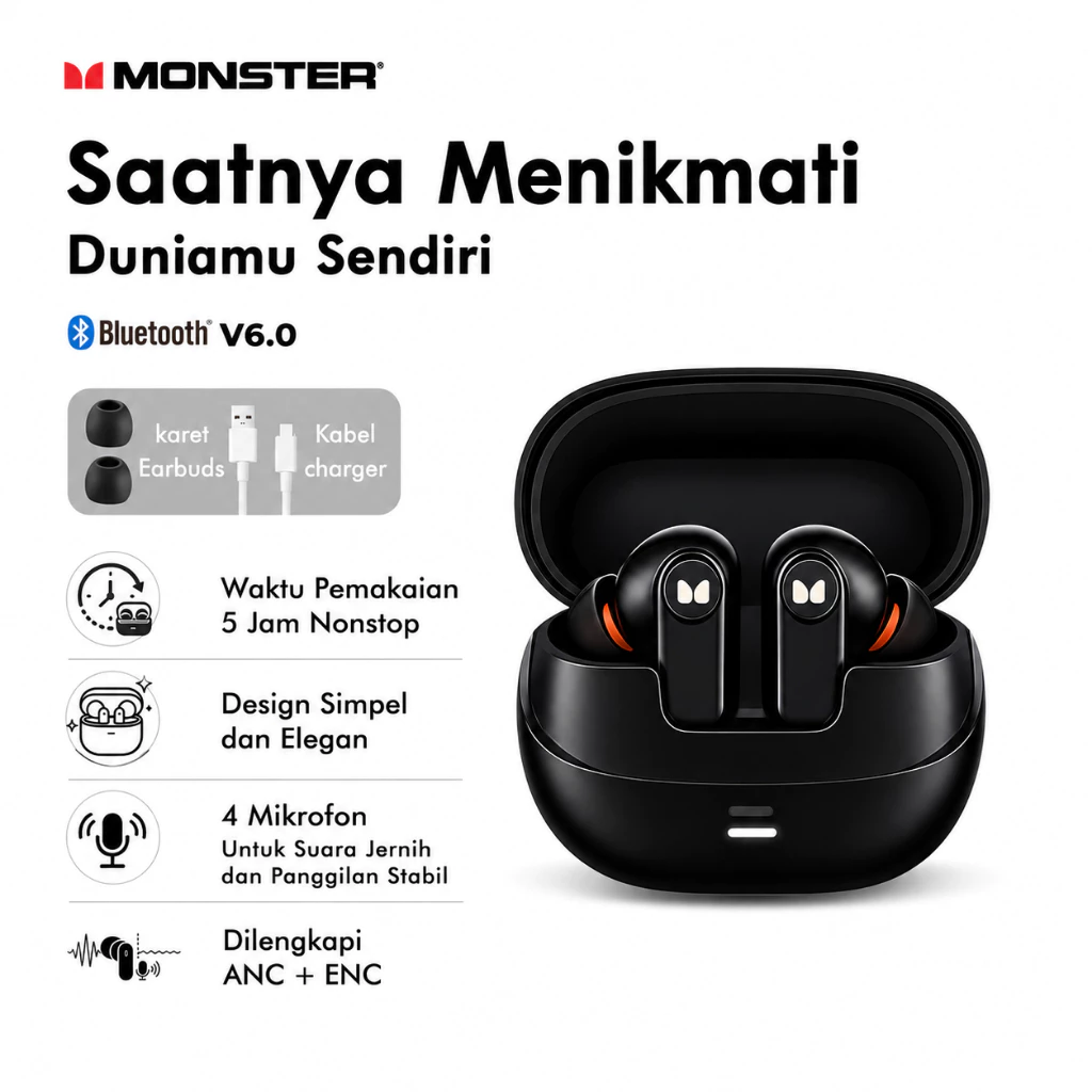 Monster M300 TWS Bluetooth ANC ENC 4 Mic Earbuds Noise Cancelling Bluetooth V6.0 Music Call Ultra Low Latency