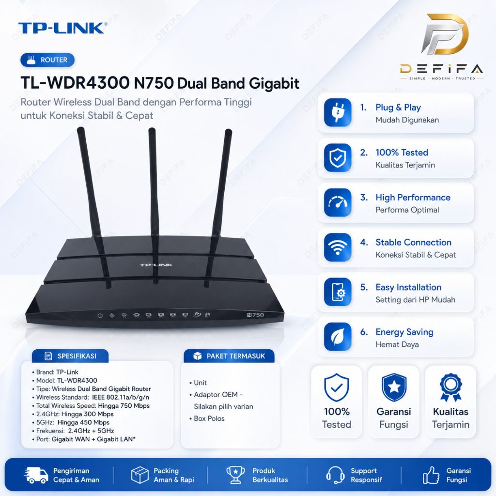 Jual TP-Link TL-WDR4300 N750 Dual Band Gigabit Router WiFi 2.4GHz 5GHz ...