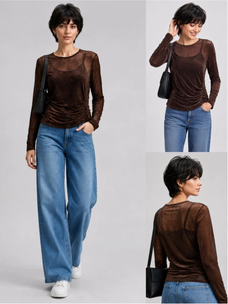 Blus Lengan Panjang Bahan Velvet Nerawang LF Side-Ruched Sheer Longsleeve Blouse - 3158