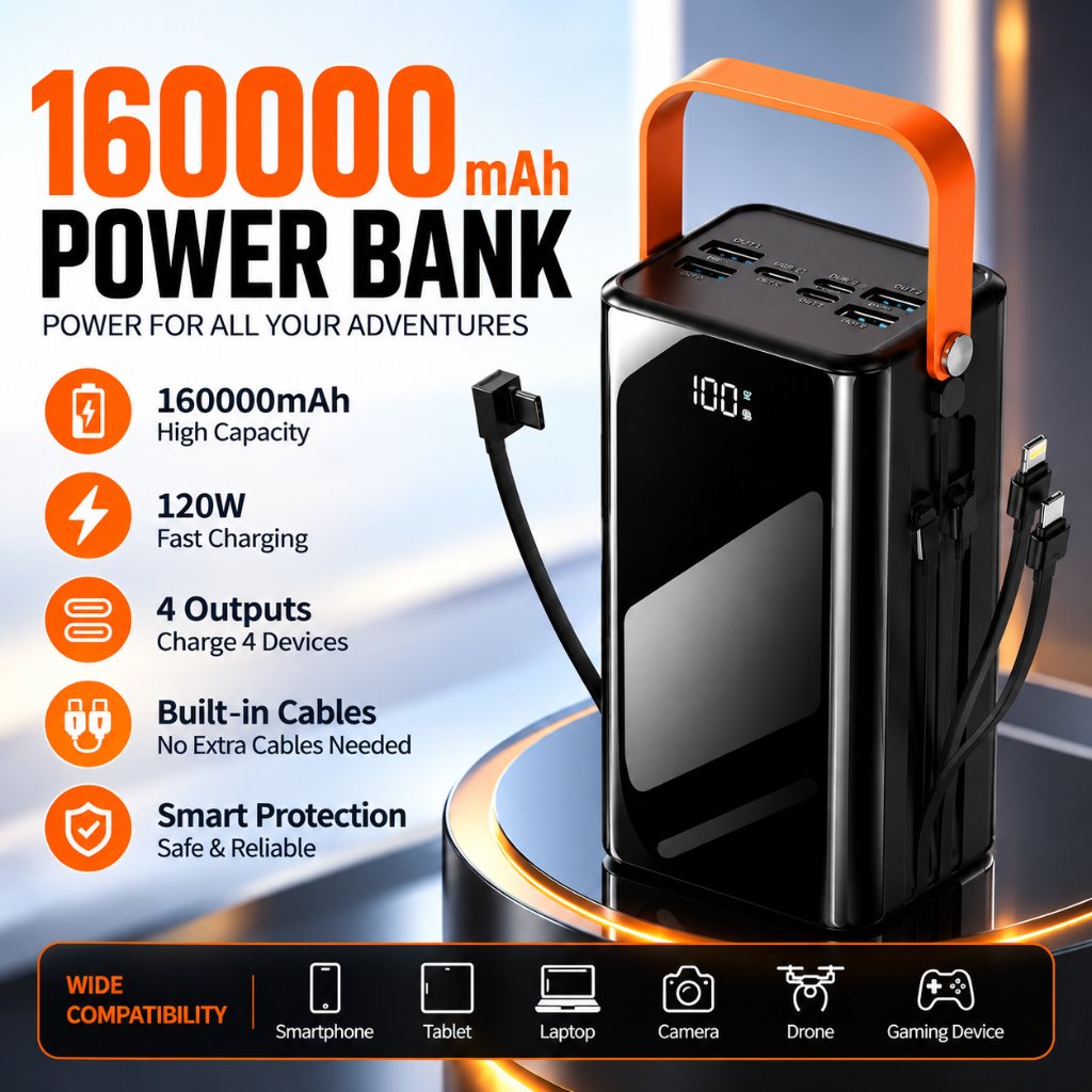 LENTIVEN Power Bank 160000mAh 120W Fast Charging With 4 Data Cables Kapasitas Besar Portable LED Light Outdoor Garansi 2 Tahun d174