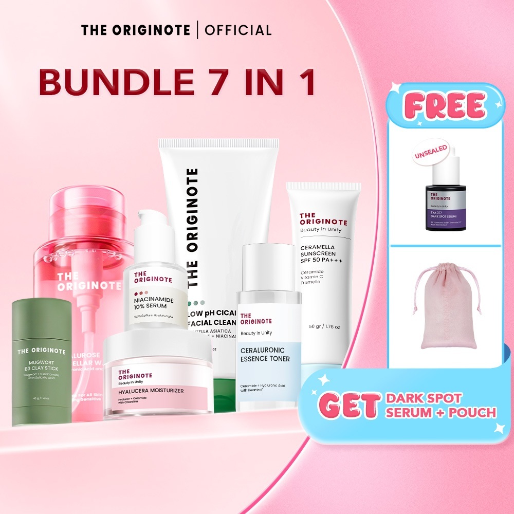 [Beginner Friendly] The Originote 7in1 Bundle Facial Cleanser Toner Serum Moisturizer Sunscreen Micellar Water Clay Stick | Acne Kit Brightening Kit Glowing Kit Barrier Kit Anti Aging Exfoliating Lengkap Untuk Perawatan Kulit Wajah Paket Skincare