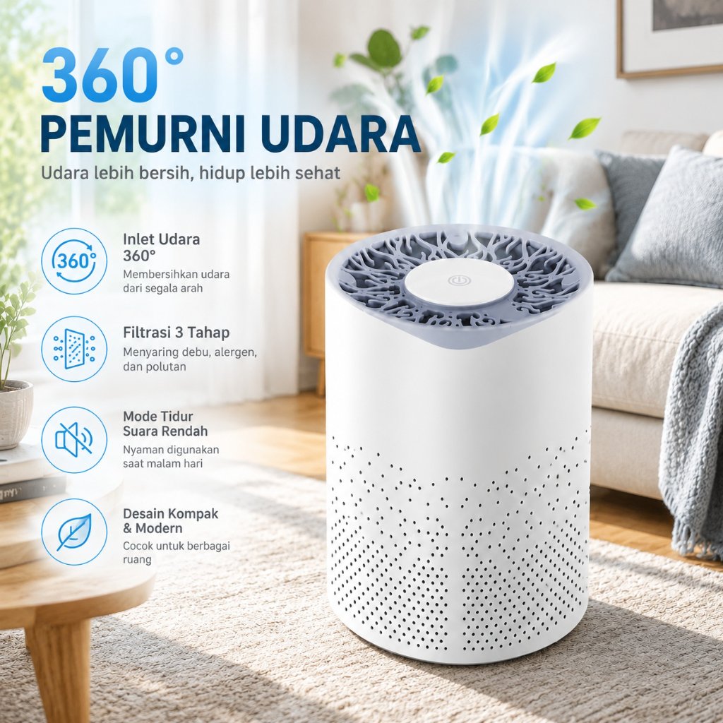 Pemurni Udara Air Purifier Mini Portable USB HEPA Filter Karbon UV Sterilizer Pembersih Penyaring Udara Ruangan Kamar Tidur Meja Kerja Mobil Anti Debu Abu Bau Asap Rokok Bakteri Virus Acarus Bulu Hewan Air Cleaner Alergi Anak Inlet Low Noise ABS