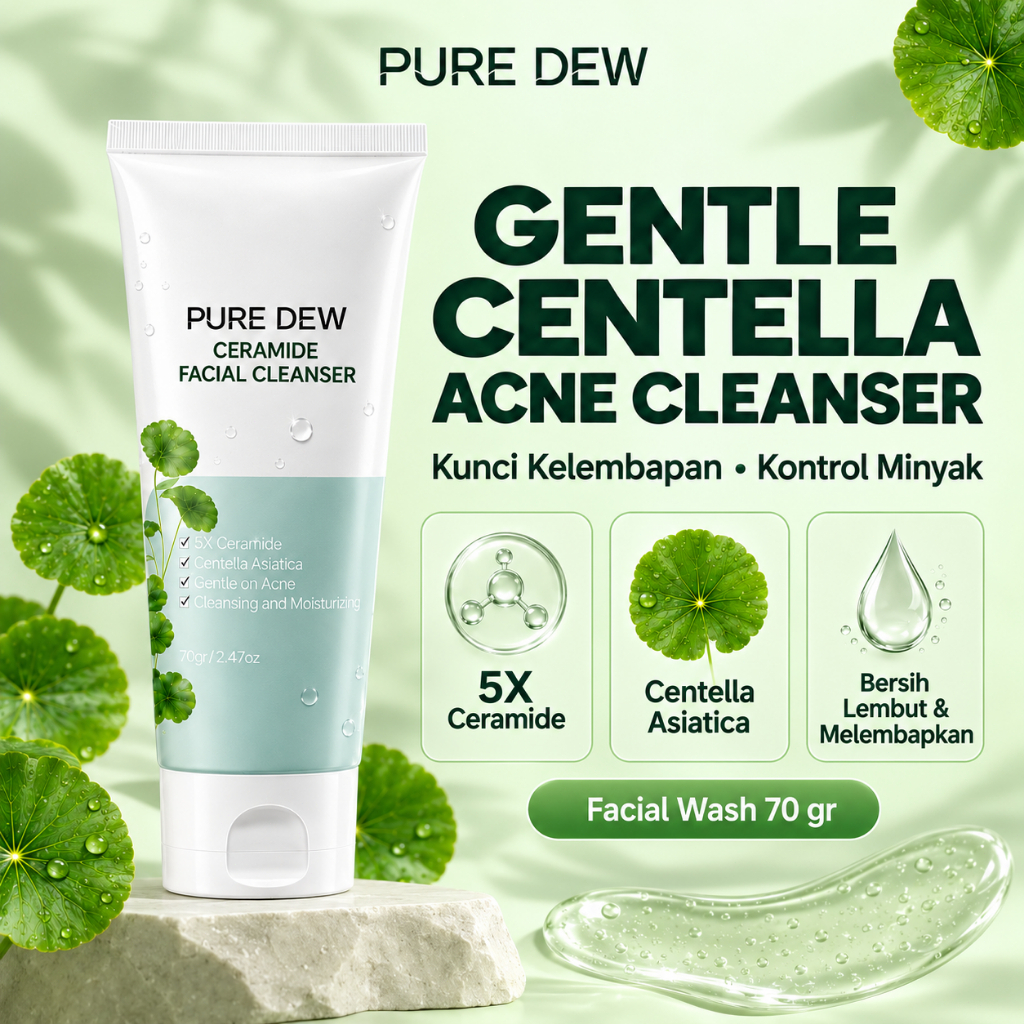 [READY] PURE DEW 5X Ceramide Centella Asiatica Low PH Facial Wash 70 gr Acne Friendly Gentle Oil Control Facial Foam