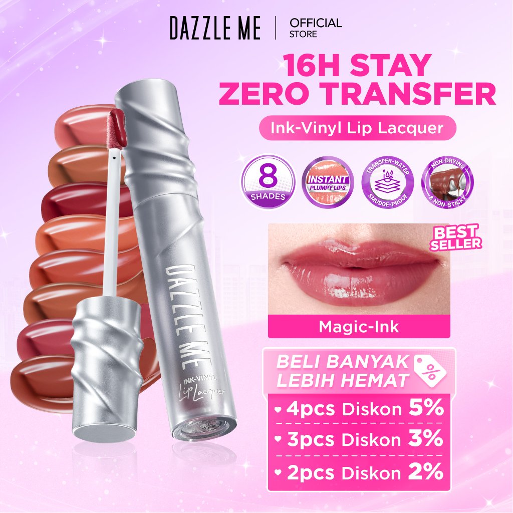 4.5 DAZZLE ME Ink Vinyl Lip Lacquer Lip Cream Lipstik Glossy Tahan Lama 16 Jam Lip Vinyl Transferproof Waterproof Anti Luntur Lipstick Lip Gloss Bibir Plump Non-Sticky Make Up Lip | Shopee Indonesia