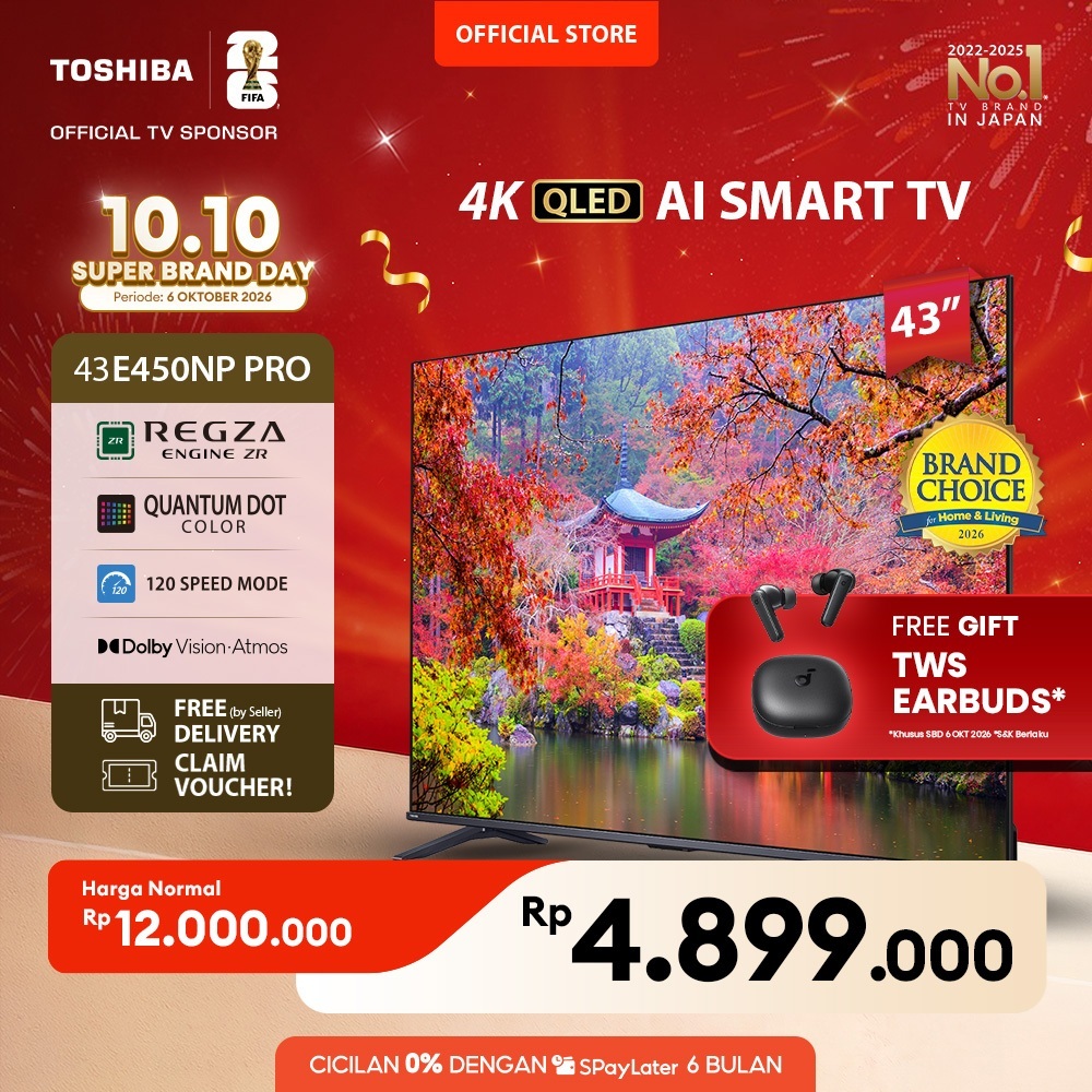 [KHUSUS ONLINE] Toshiba TV 43" 4K UHD QLED AI Smart TV PRO - Regza ZR Quantum Dot Dolby Vision Atmos Far Field Voice HDR10+ MEMC VRR ALLM Netflix Disney+ Youtube Screen Sharing Voice Control Wifi Bluetooth 5.0 HDMI 2.1 Digital - 43E450NP PRO