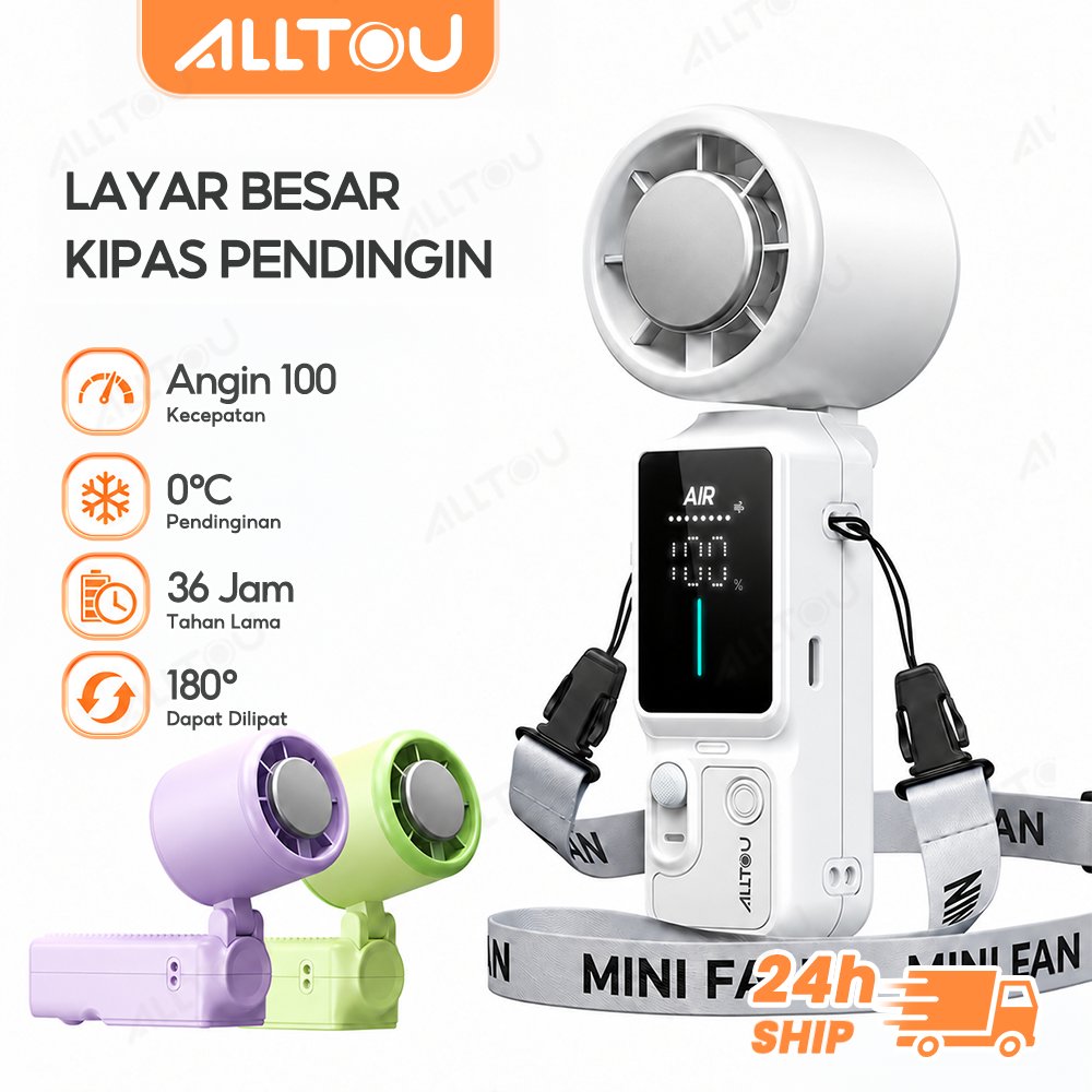 ALLTOU  Kipas Angin Mini Portable 100 Gear Wind High-Speed  Large Technology Screen Pendinginan Es 0 Celsius Dapat Dilipa Free Tali Bisa