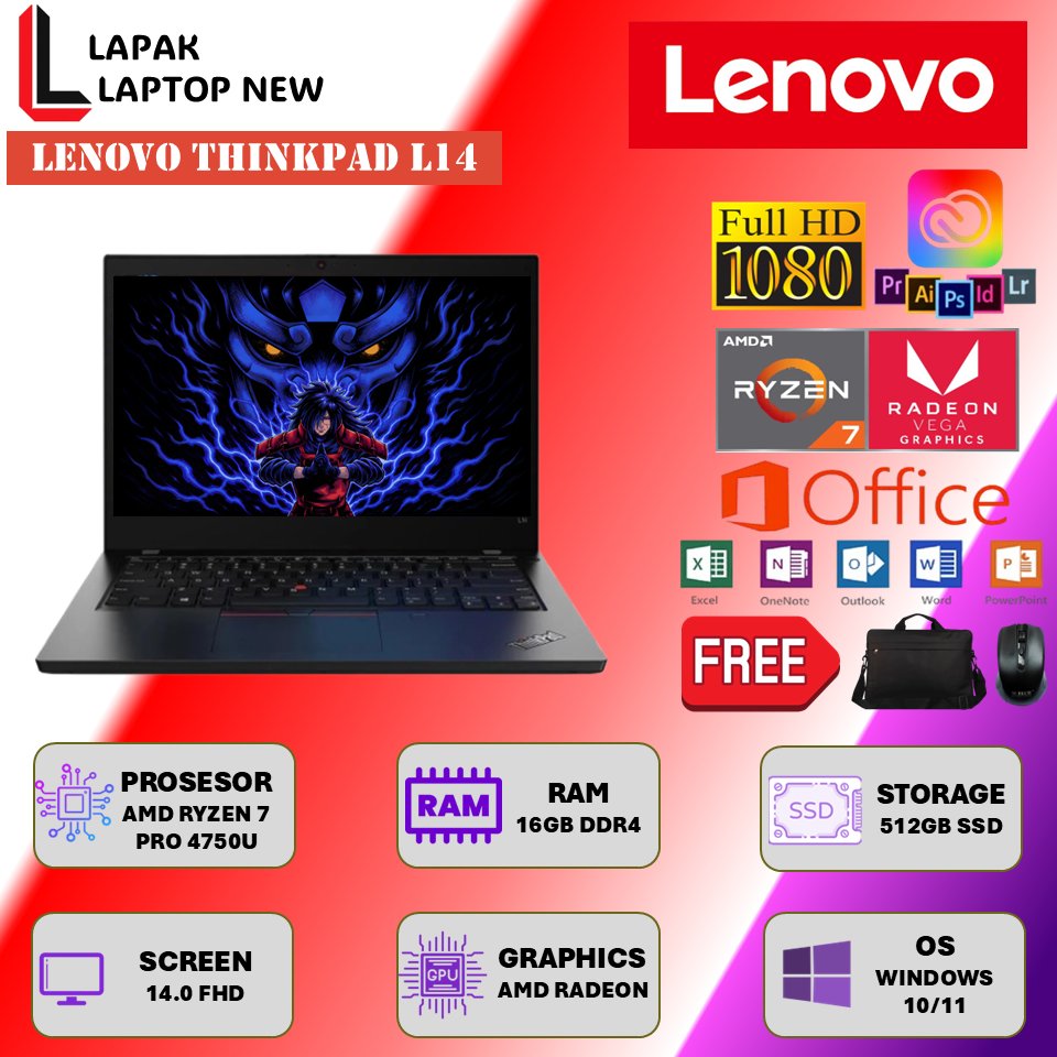 Laptop Lenovo Thinkpad L14 Amd Ryzen 7 Pro Ram 16GB Ssd 1TB Full HD Windows Original Terbaru
