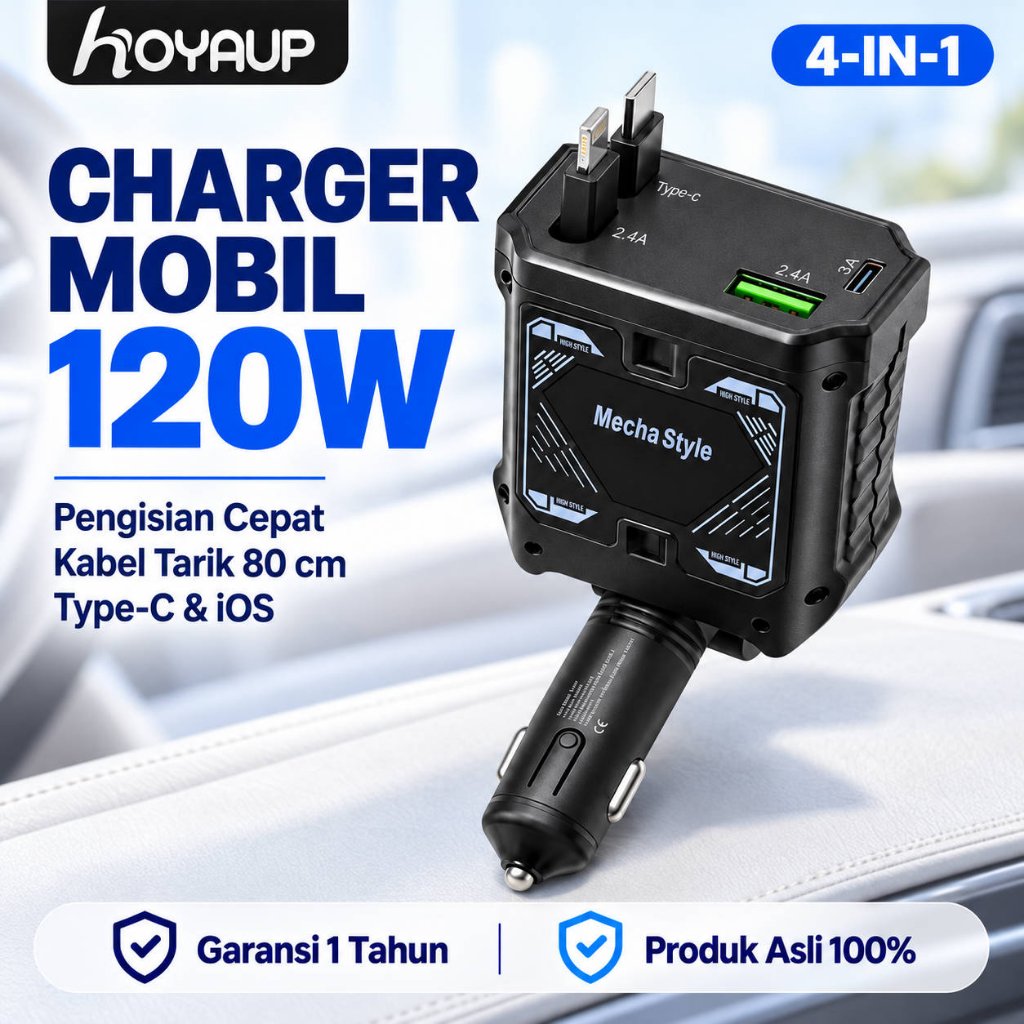 Jual HOYAUP Charger Mobil 120W 4 in 1 Kabel Retractable 180° Type-C ...