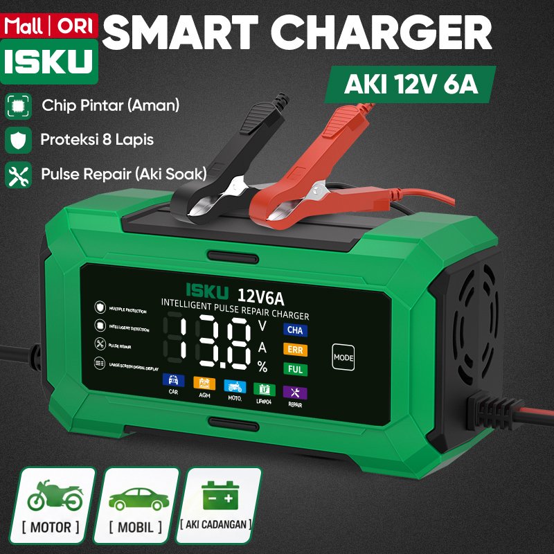 ISKU Charger Aki Otomatis 12V 6A Casan Baterai Mobil Motor Alat Cas Servis Aki Soak Pulse Repair Layar LCD Digital Pengecas Kendaraan Kering Basah AGM LiFePO4 Auto Stop Anti Konslet Aman