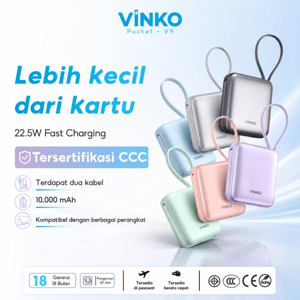 [Tersertifikasi CCC] VINKO Mini PowerBank 10000 mAh22.5W Fast Charging With Dual Cable V9 pada Android/iPhone15/16/17/18 Boleh dibawa ke pesawat