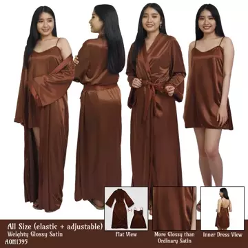 FOLVA Kimono Set Baju Tidur Satin 1395KTSET Coklat All Size
