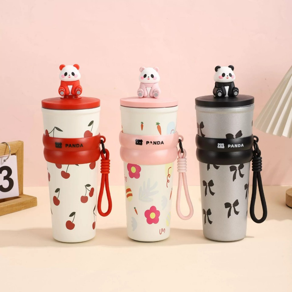 Mug Tumbler Stainless Steel Sus 304 Motif Panda Lucu 700ml Gantungan + Boneka M - foto 3