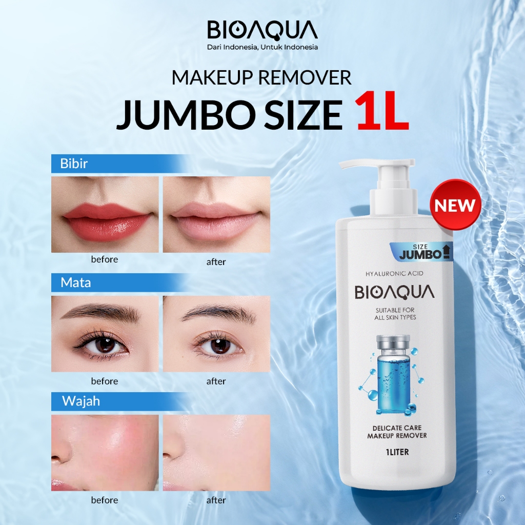 [Jumbo Size 1L]-BIOAQUA Delicate Care Makeup Remover Hyaluronic Acid Micellar Water For All Skin Types / Cleansing Water / Make Up Remover