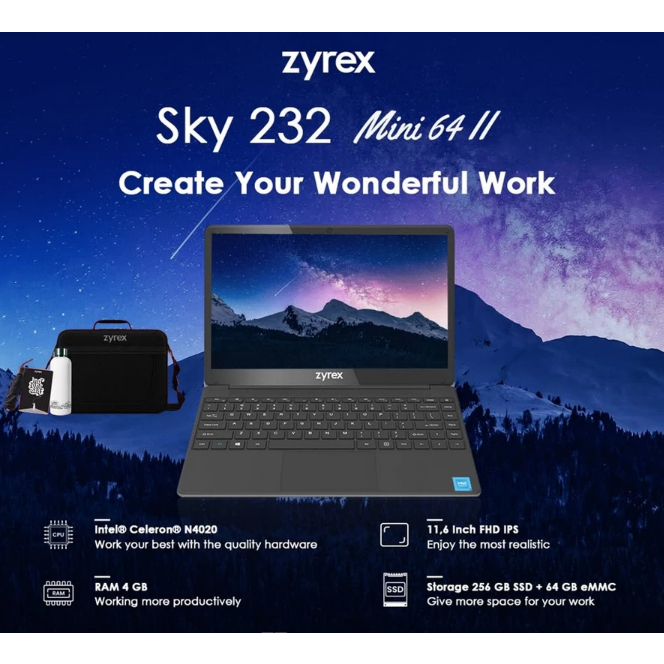 Jual ZYREX SKY 232 MINI N4020 4GB 256GB+64GB W10 BT 2Y