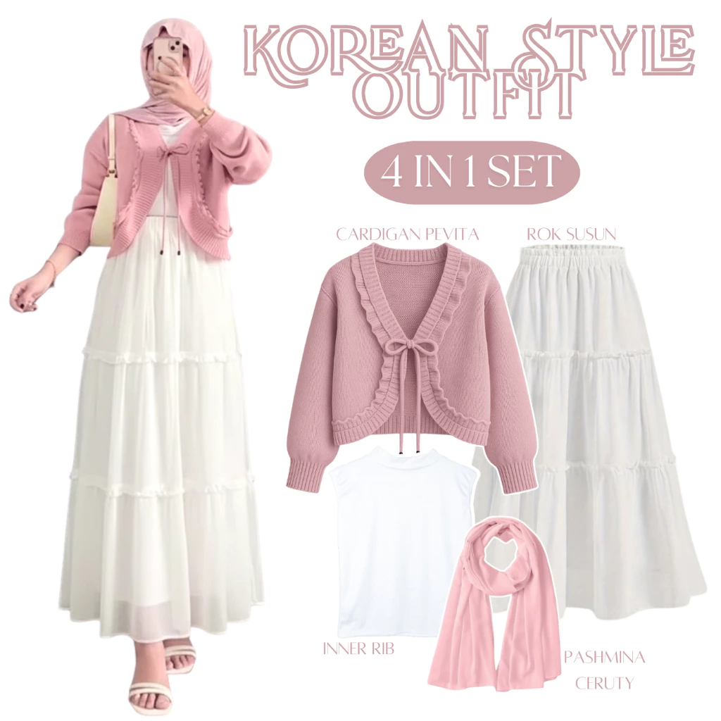 4in1 Set Outfit Remaja Kekinian Feminin Stylish | Cardigan Pevita + Inner + Rok Susun + Hijab |LU141 - foto 1