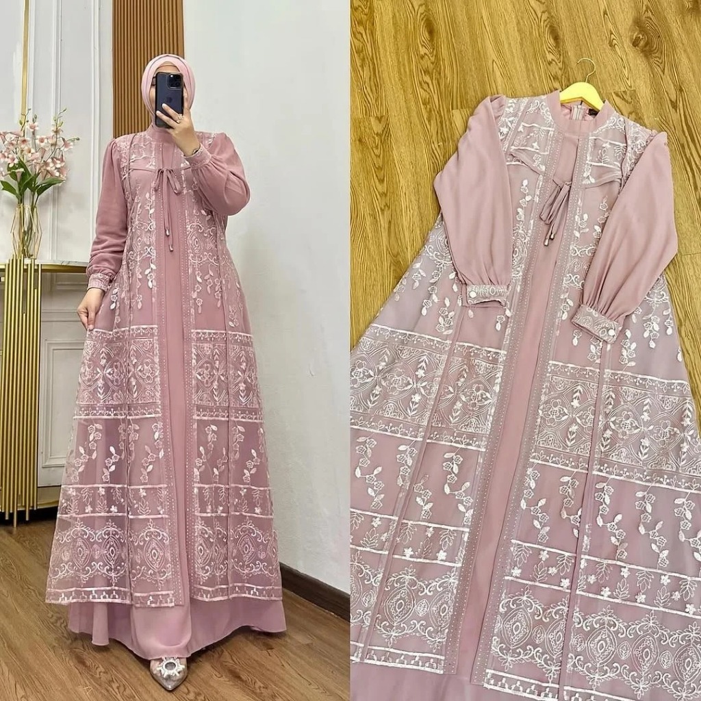 Baju Gamis Pesta Davina Dress Brukat Dua Layer Bahan ceruty babydoll mix Brokat Kondangan Lebaran Dewasa Burgundy Mahogany