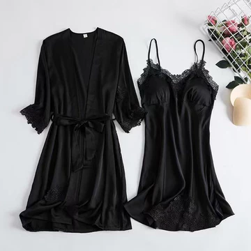 Baju Tidur Kimono Satin Renda Wanita Sexy Polos Piyama Kimono Modis 2 In 1