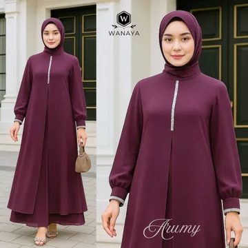 Arumy Gamis Trendy Muslim Model Ceruty Babydoll Full Puring Payet Swarovski Simple Elegan
