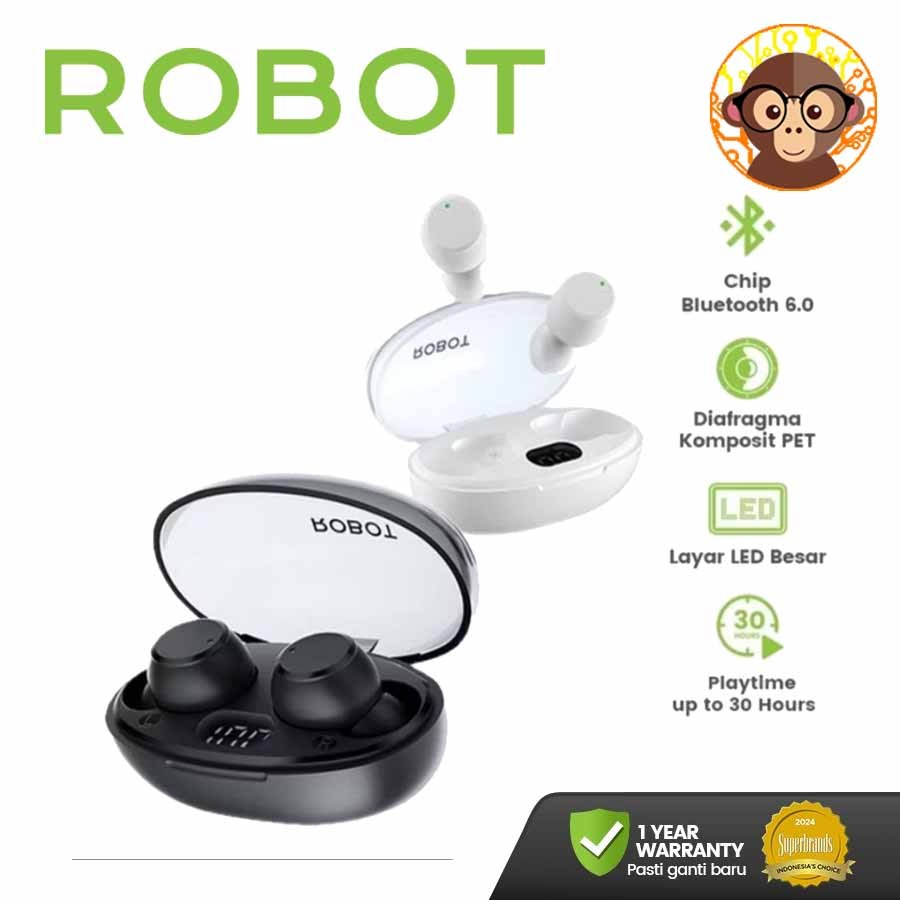 ROBOT TWS Dots 2 Earphone Mini Bluetooth 6.0 Wireless Tahan 30 Jam Original