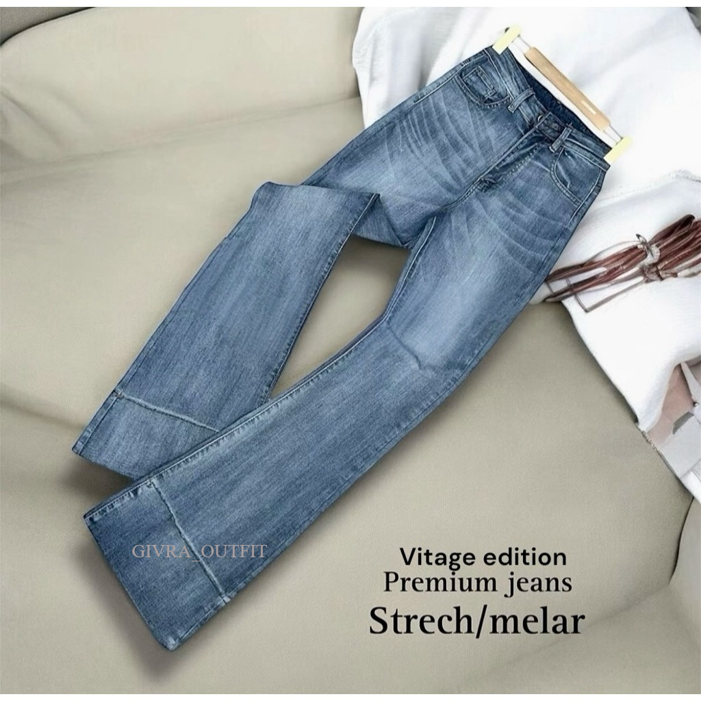 Jual Jennie-HighWaist Cutbray Jeans Celana Flare Panjang Stretch Wanita