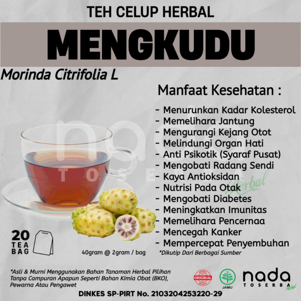 Teh Celup Herbal MENGKUDU Isi 20 Kantong | Pelancar Darah | Kolesterol & Darah Tinggi | Jantung
