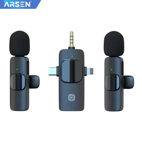 ARSEN Mic Wireless 3 In 1 Clip On Dual Microphone 3.5mm Noise Reduction Cocok Untuk Konten