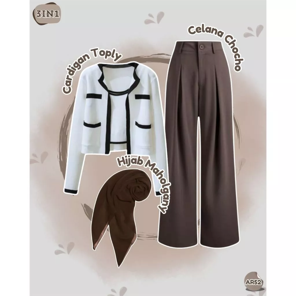 Gambar 2 Setelan Wanita Elegan 4in1 Cardigan + Celana + Belt + Hijab Outfit Kerja Kuliah OOTD Kekinian Classy AR52