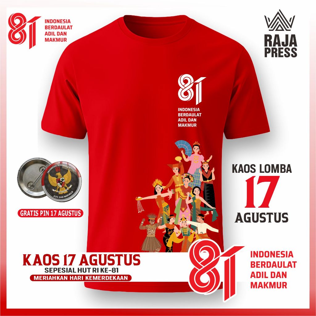 KAOS TSHIRT PANITIA 17 AGUSTUS 2026 HUT RI KE 81 LOGO OFFICIAL DIRGAHAYU KEMERDEKAAN INDONESIA BAJU PERLOMBAAN MERAH PUTIH BAHAN COTTON 30S LENGAN PENDEK BAHAN COTTON 30S ANAK & DEWASA PREMIUM