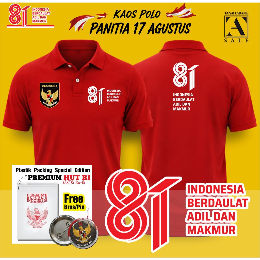 BAJU POLO 17 AGUSTUS LOGO OFFICIAL PANITIA KEMERDERKAAN RI KE - 81 TAHUN 2026 HUT RI INDONESIA KAOS LENGAN PENDEK PRIA DAN WANITA BONUS PIN KEMERDEKAAN PREMIUM