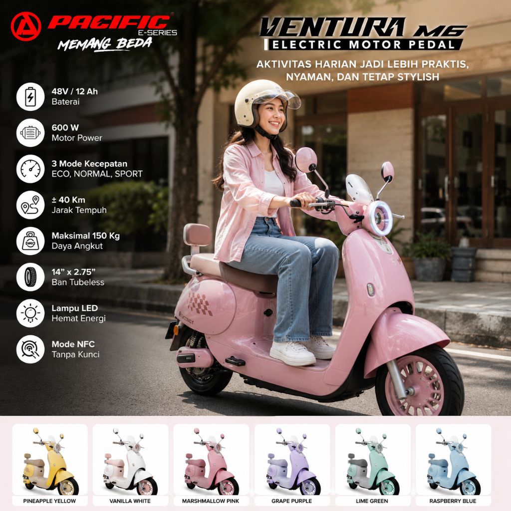 Pacific Ventura M6 Electric Motor Pedal Motor Listrik 48V 600W NFC Ban Tubeless 14 Inch