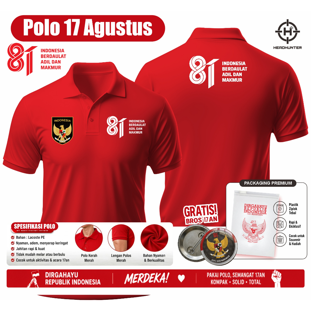 KAOS BAJU POLO PANITIA 17 AGUSTUS 2026 LENGAN PENDEK HUT RI KE-81 BAJU KEMERDEKAAN INDONESIA MERAH PUTIH BERKUALITAS BISA DIPAKAI UNTUK WANITA DAN PRIA FREE PIN PREMIUM