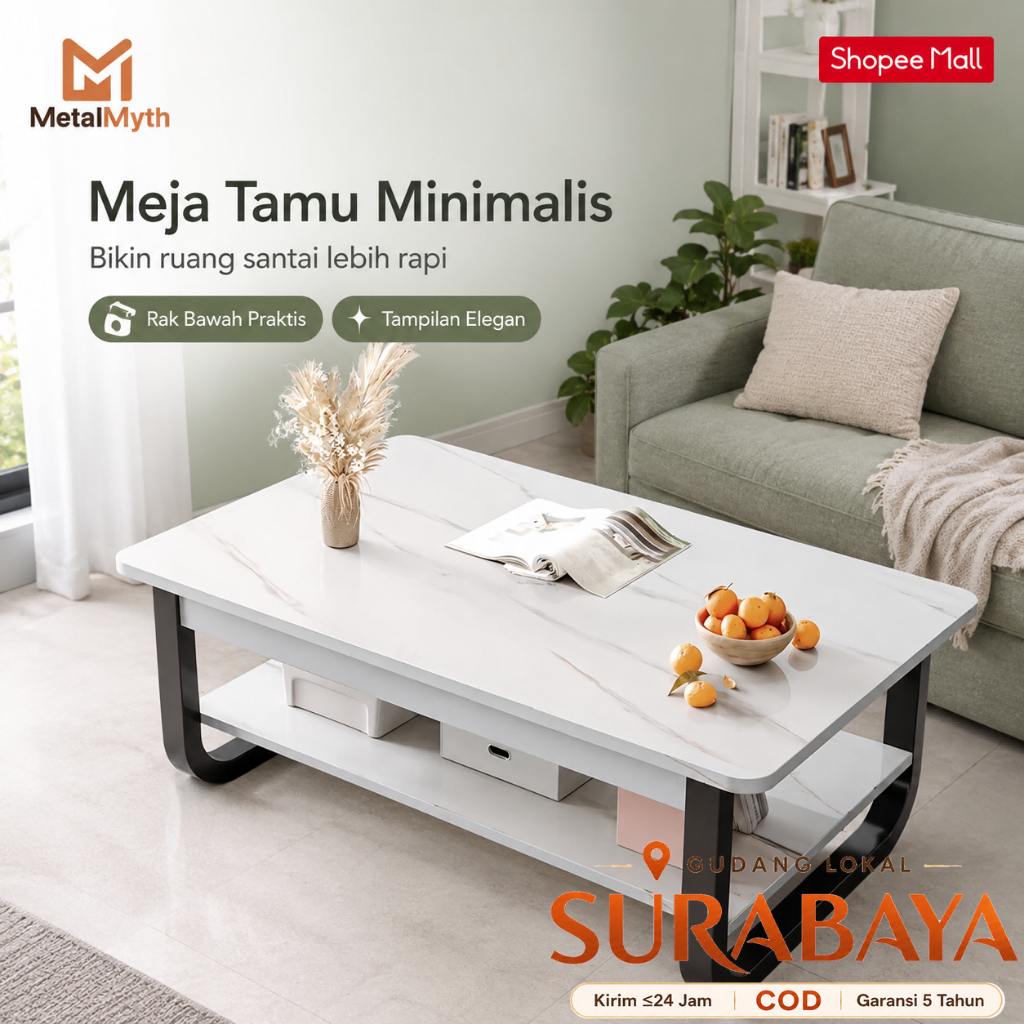 MetalMyth Meja Ruang Tamu Minimalis Modern Kombinasi Besi Kayu Motif Marmer Serbaguna 120cm