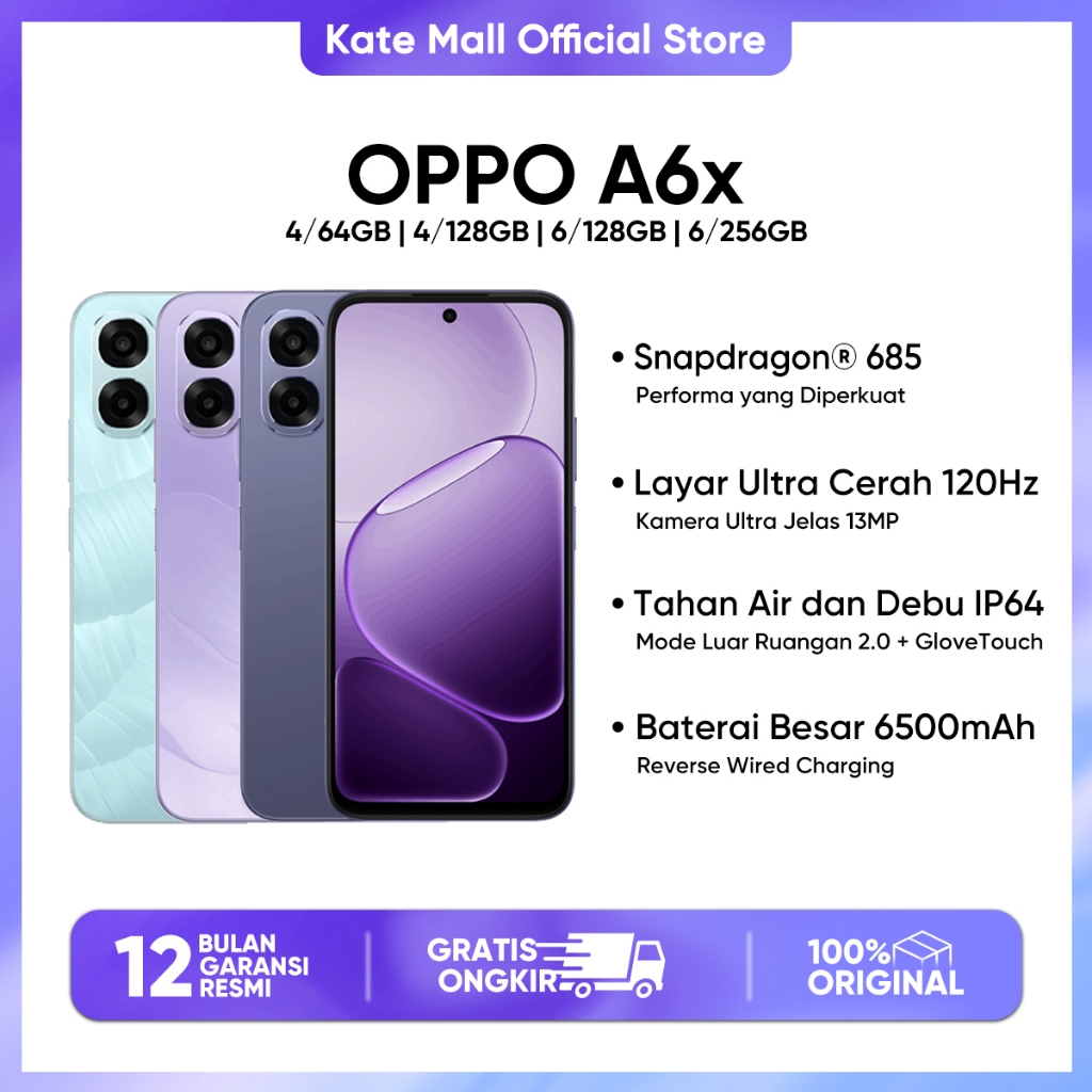OPPO A6x (4/64)(4/128)(6/128) Snapdragon 685 6500mAh Large Battery Indonesia HP Android Murah COD