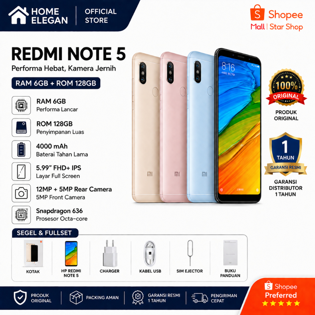 HP Redmi Note 5 RAM 6/128GB SEGEL FULLSET GARANSI DISTRIBUTOR 1 TAHUN