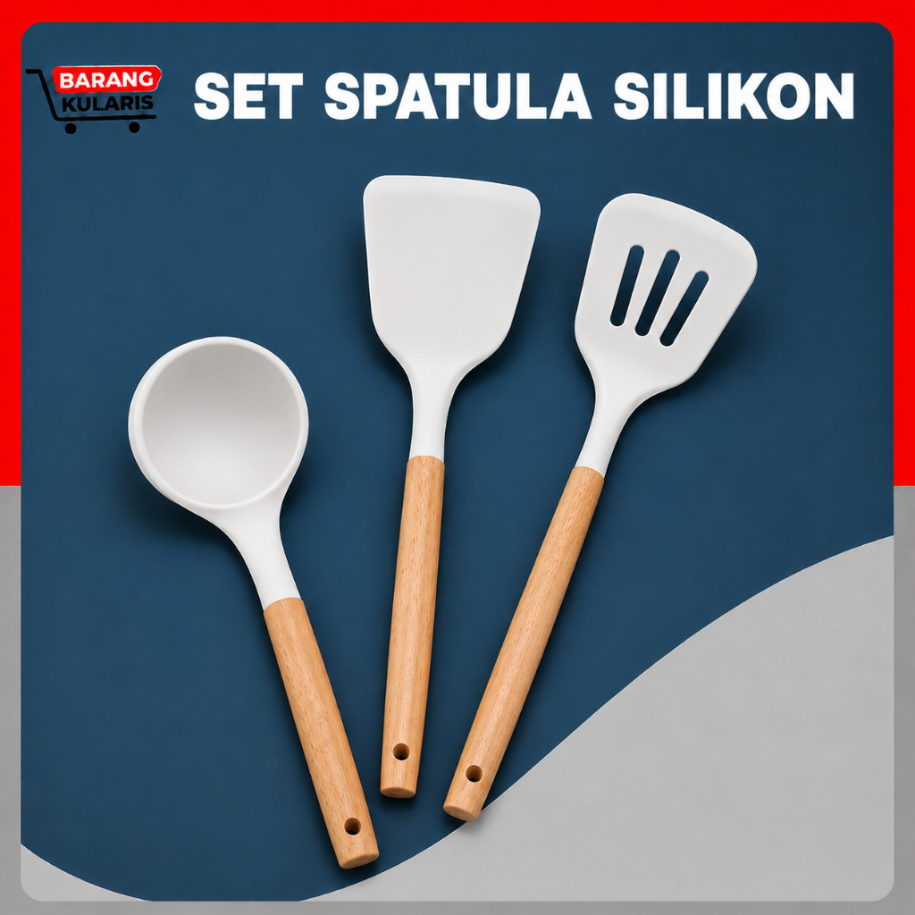 BKL Wood Kitchen Tool set Silicone ( Isi 3 Pcs) - Set Spatula Silikon Gagang Kayu Premium