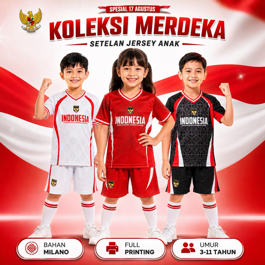 Setelan Jersey Anak 17 Agustus Kemerdekaan Indonesia Premium Full Printing Usia 3-11 Tahun By Rumah Bocil
