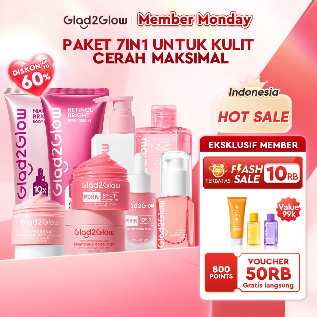 [Cocok Untuk Pemula]Glad2Glow Cerah Glowing Bundle all in 1 7in1-Brightening Moisturizer+Serum+Cleanser+toner+Peeling solution+Retinol 10%Niacinamide skincare paket pembersih perawatan kulit mencerahkan warna kulit g2glow official store