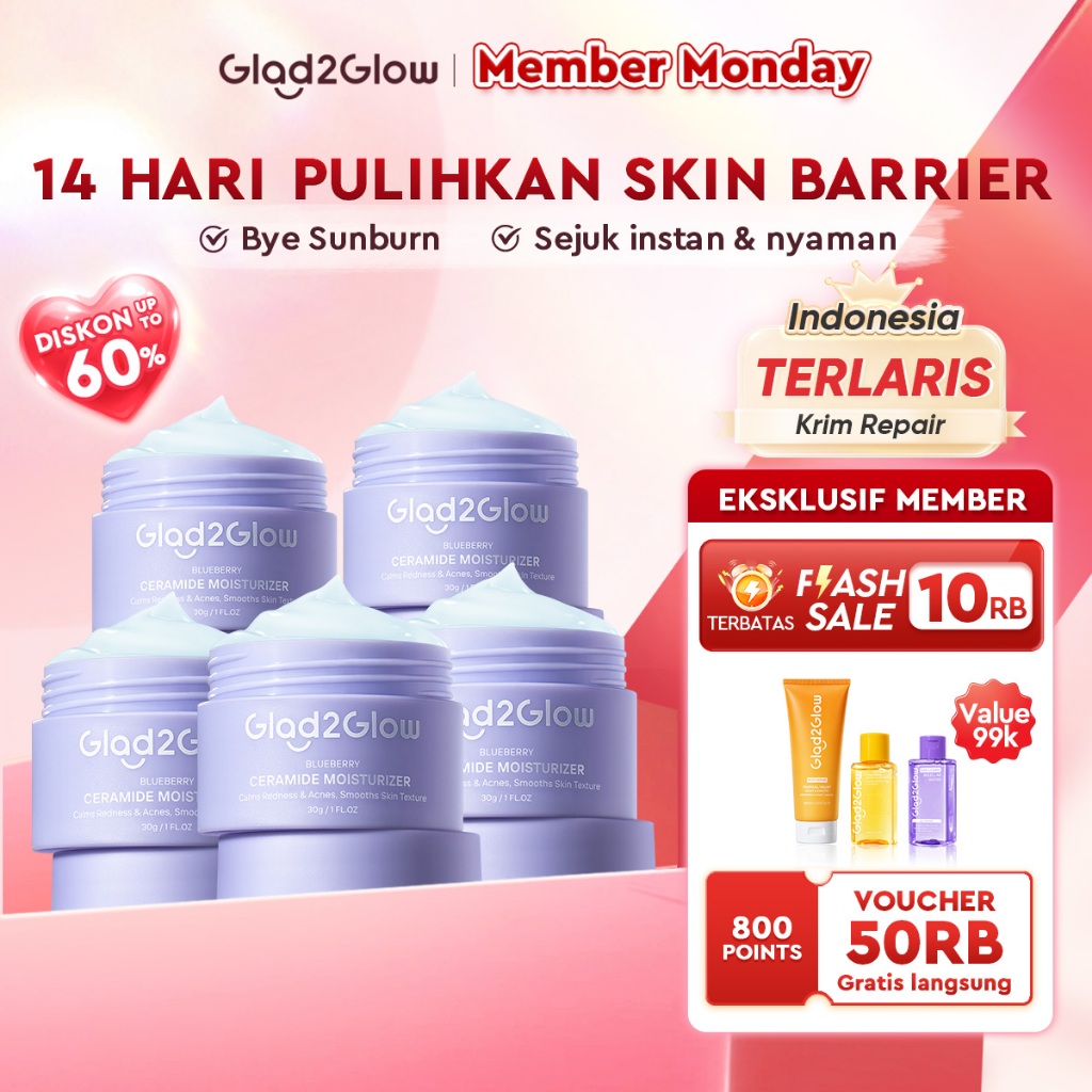 Glad2Glow Blueberry 5% Ceramide Moisturizer Repair Barrier Pulihkan skincare day cream Night Cream  repair cream  skincare Sensitive G2G glad2glow official store