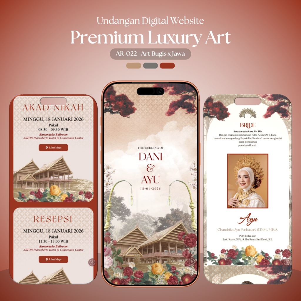 Undangan Digital Website Premium Luxury Art AR-022, Desain Art Etnik Bugis Jawa, Tema Pernikahan Mewah