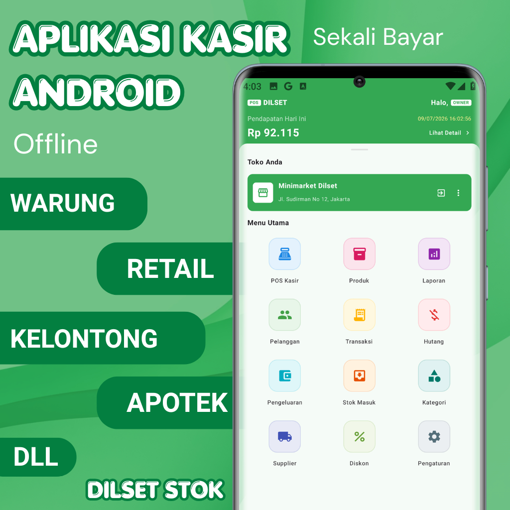 Aplikasi Kasir Android Toko Kelontong Retail Apotek Warung Kios Toko Baju Bangunan Offline Sekali Bayar - DILSET STOK