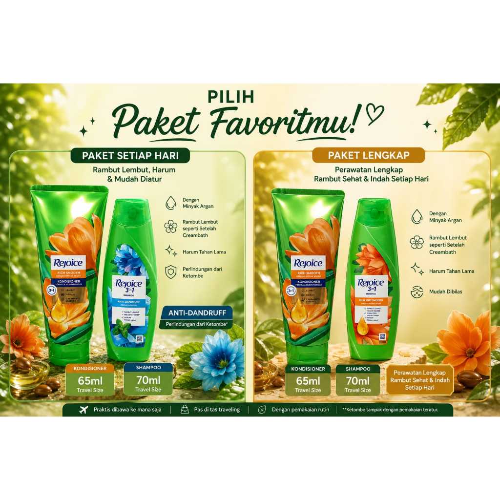 Rejoice Paket Traveling Shampo 70ml & Kondisioner 65ml Anti Ketombe & Moisture Smooth - Rambut Sehat Berkilau Travel Size Halus Lembut - Conditioner