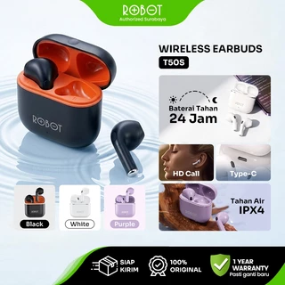 ROBOT TWS Bluetooth 6.0 Earphone / Earbuds Wireless Semi In-Ear 13mm Driver Bass Jernih 24H Playtime Mic HD Tahan Air IPX4 Type-C Fast Charging T50S