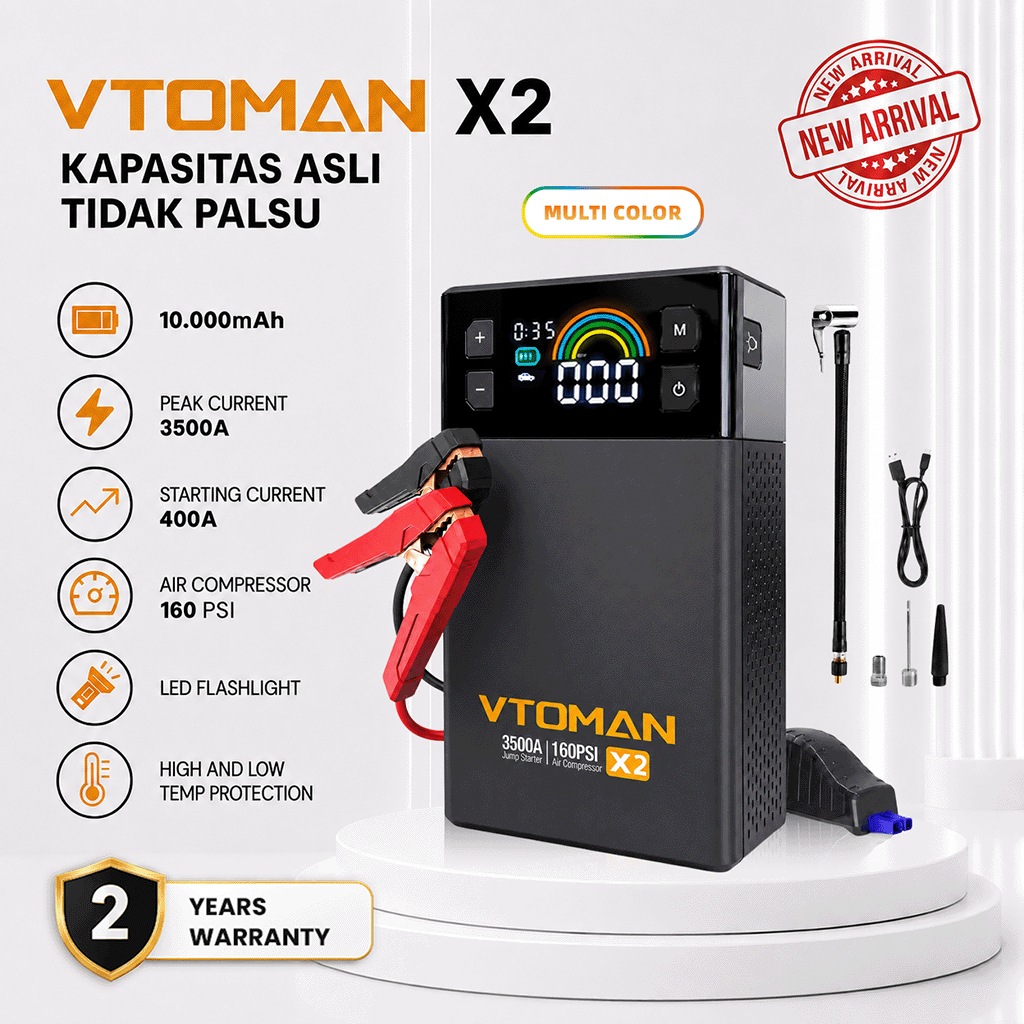 VTOMAN X2 Jump Start & Pompa 10.000 mAh | 37Wh Pompa Angin 160Psi Jump Starter Aki Powerbank Portable Jumper Aki Mobil